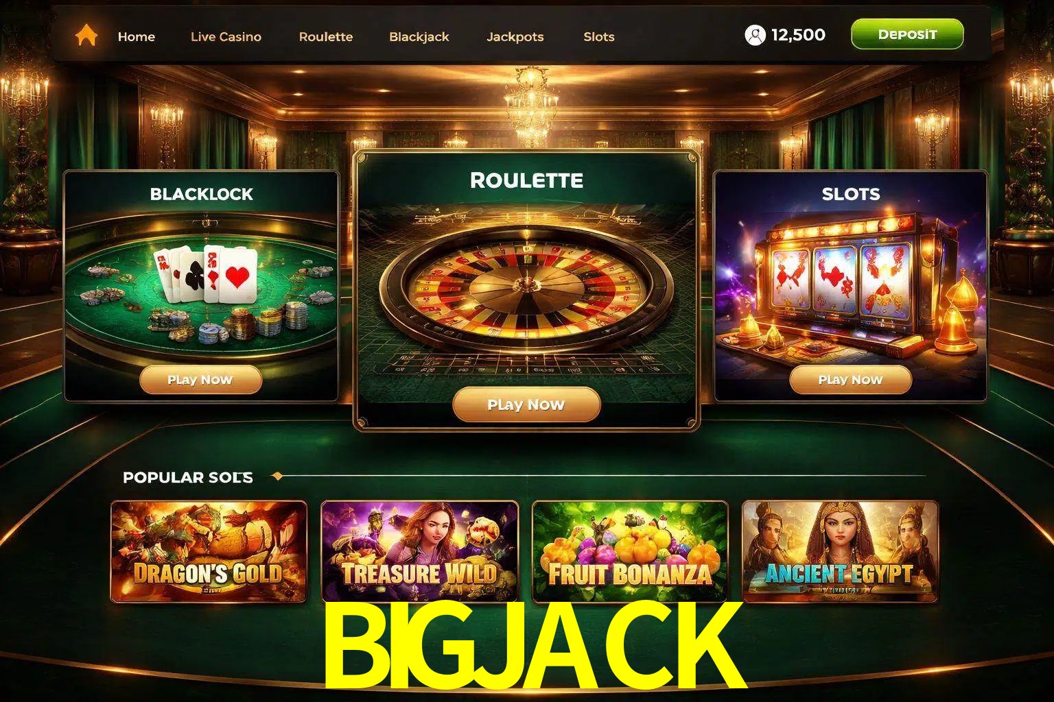Vista de la plataforma BIGJACK Casino mostrando categorías organizadas de juegos en línea