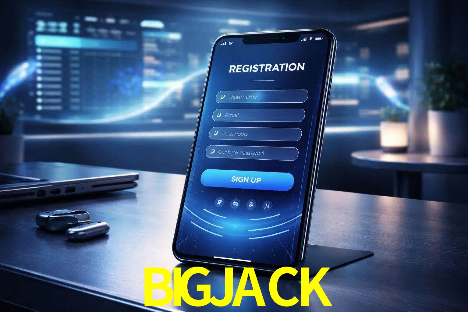 Una interfaz moderna de registro móvil para BIGJACK mostrada en un smartphone con un panel de apuestas elegante.